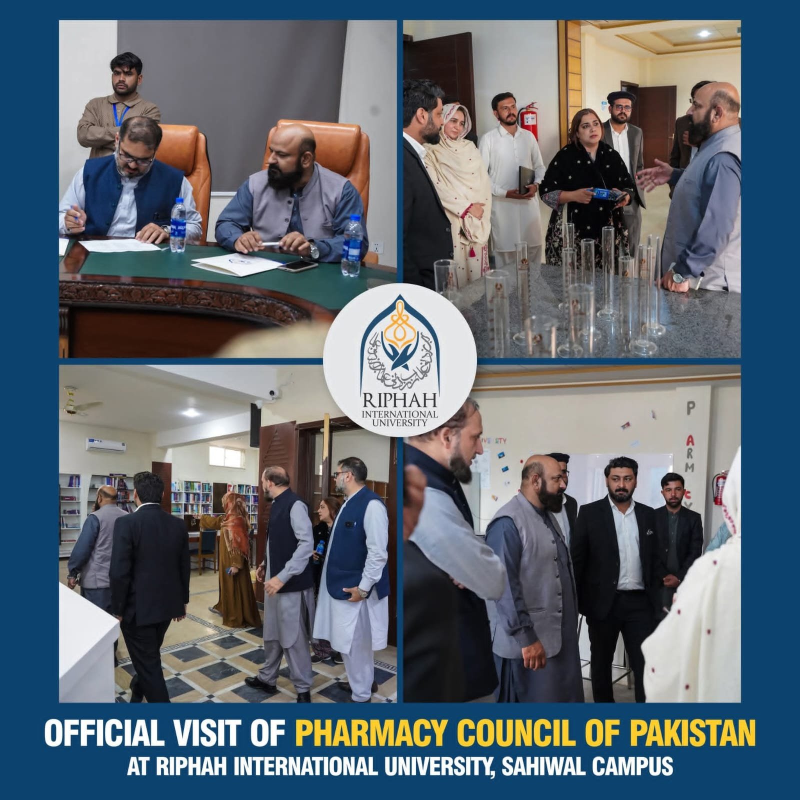 Riphah International University – Sahiwal Campus had the privilege of welcoming distinguished representatives from the Pharmacy Council of Pakistan for an official visit and academic evaluation. The visit reaffirmed our ongoing commitment to upholding the highest standards in pharmaceutical education, ensuring regulatory compliance, and promoting professional excellence. Constructive discussions were conducted regarding the academic framework, infrastructure, facilities, and quality assurance practices to maintain alignment with national standards and professional benchmarks. Riphah Sahiwal Campus remains steadfast in its dedication to continuously enhancing its academic systems and delivering education that fulfills both regulatory requirements and the evolving demands of the healthcare profession.